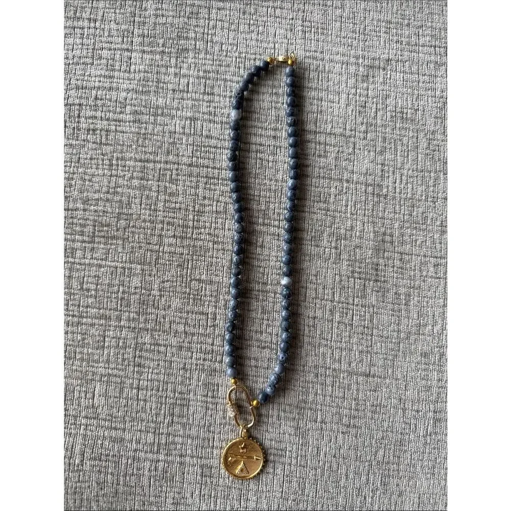 Gold Coin Pendant Necklace with Gray Beads